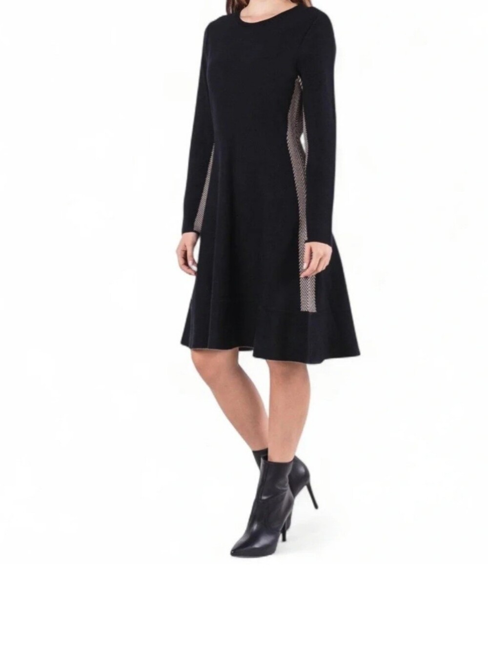 DKNY Black Long-Sleeve A-Line Knit Dress with Side Mesh Panels
